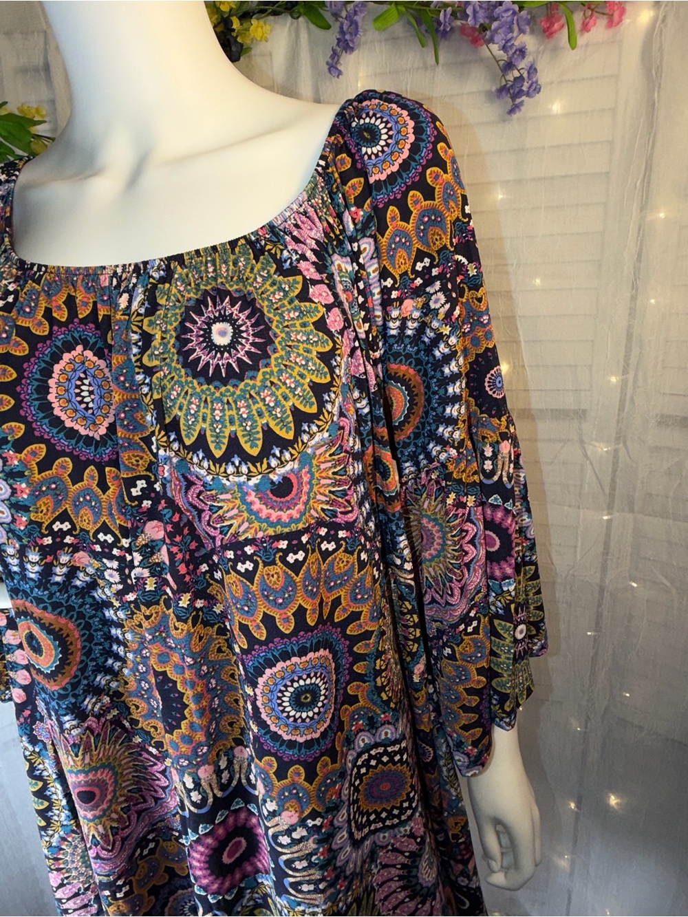 Boho Multicolor Mandala Print Long Sleeve Dress